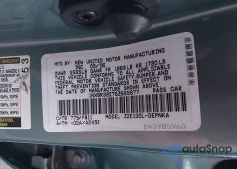 2006 Toyota Corolla Le from USA, damaged, VIN 1NXBR32E76Z685877